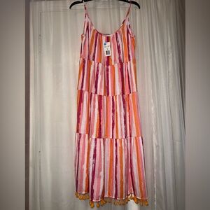 Heritage Charm New Striped Tiered Sundress MIDI Fringe Hem